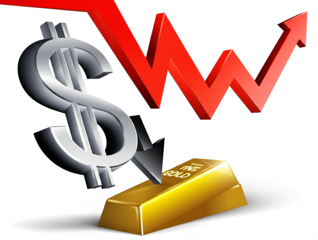 強勢美元符號壓低黃金條塊,背景有上升利率箭頭,象徵導致金價下滑的因素