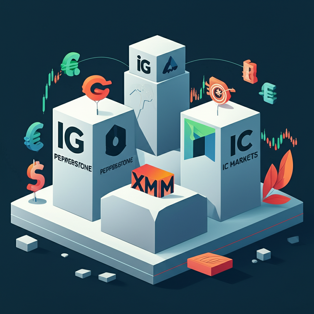 IG、Pepperstone、IC Markets、XM平台標誌構成的可靠交易生態插畫
