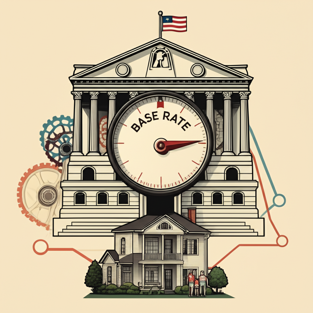 中央銀行建築與齒輪調整基準利率撥盤,影響家庭房屋的房貸還款線條上升或下降的資訊插圖