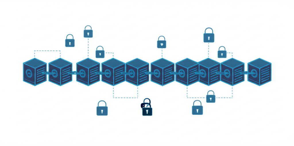 An illustration depicting data being packaged into distinct blocks cryptographically linked together forming an irreversible timeline representing distributed ledger technology and the birth of digital trust