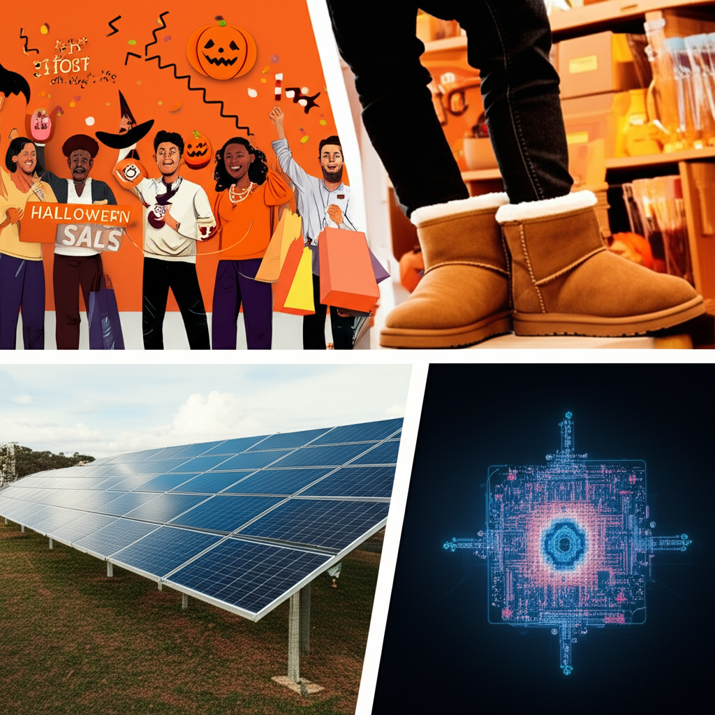 Illustration of diverse corporate successes a discount retailer celebrating strong Halloween sales a person wearing UGG boots a solar panel array for Nextracker and a glowing quantum computer for Rigetti
