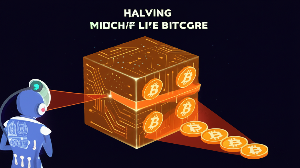 比特幣挖礦區塊插圖,顯示比特幣幣流出、減半後幣量減少,以及未來礦工角色