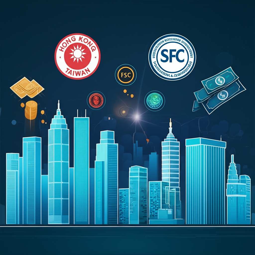 台灣香港金融天際線圖示，顯示FSC與SFC監管，以及國際機構圖標