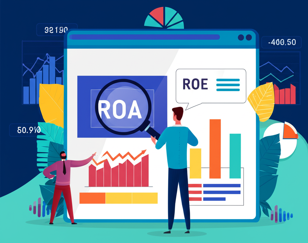 投資人手持放大鏡檢視 ROE 和 ROA 財務圖表