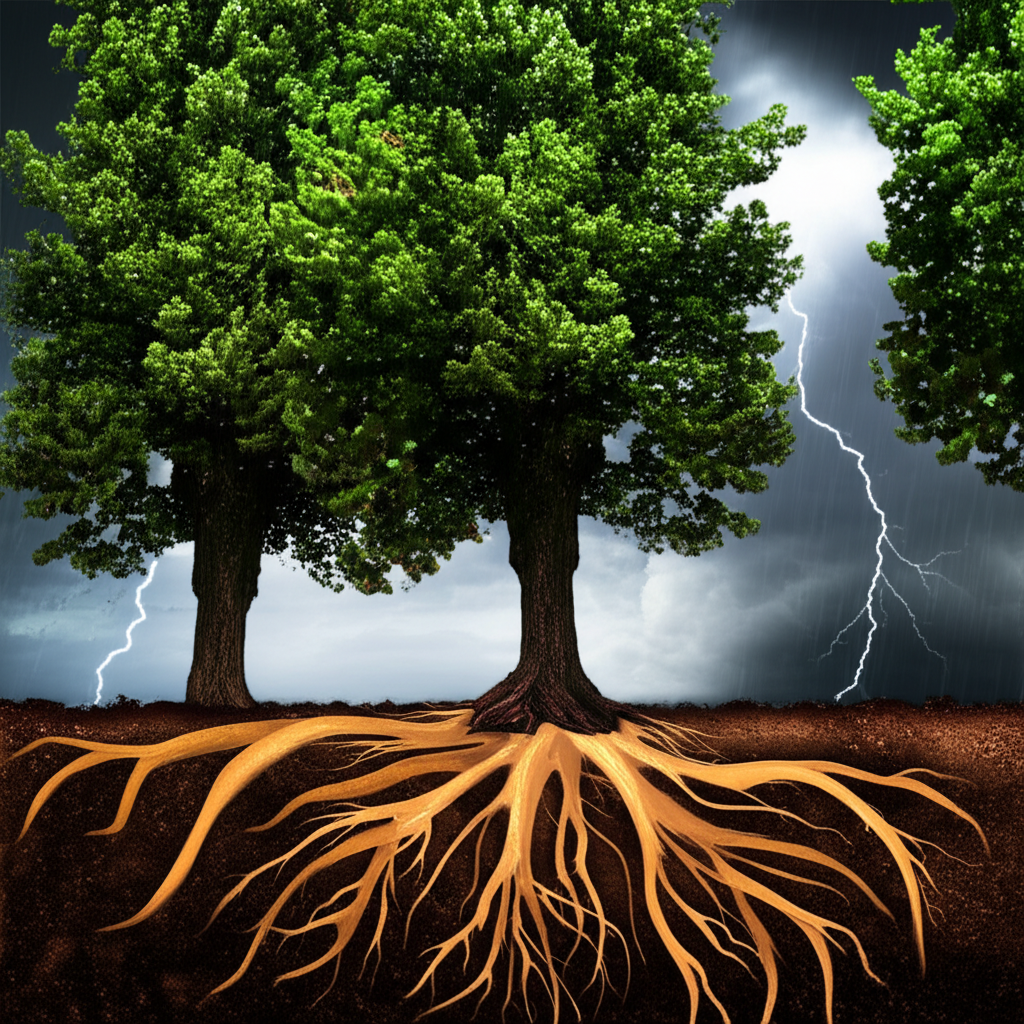 韌性股票如高聳樹木在市場風暴中屹立，象徵基本面強健與資產負債平衡