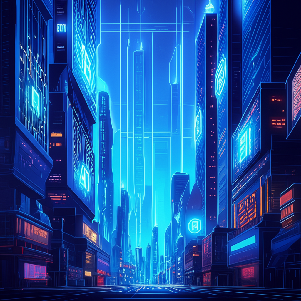 未來城市景觀中,高聳企業大樓上閃耀著AI符號,而小型企業在陰影中掙扎,象徵數位鴻溝的鮮明對比