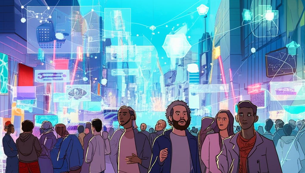 元宇宙的繁華未來城市景觀，浮動虛擬元素環繞，多樣人群充滿好奇與興奮