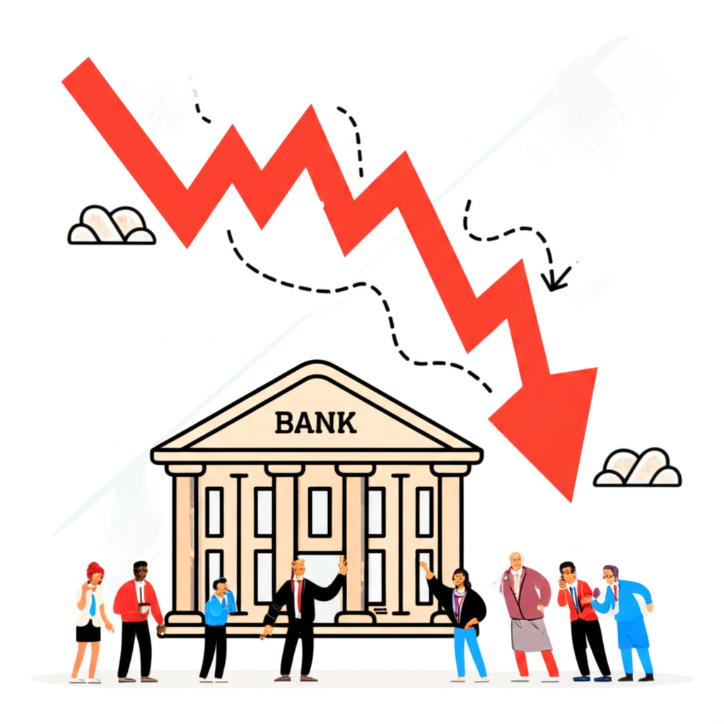 Zions Bancorporation 股價大幅下跌的插圖,顯示劇烈股價圖表、區域銀行建築與投資者反應