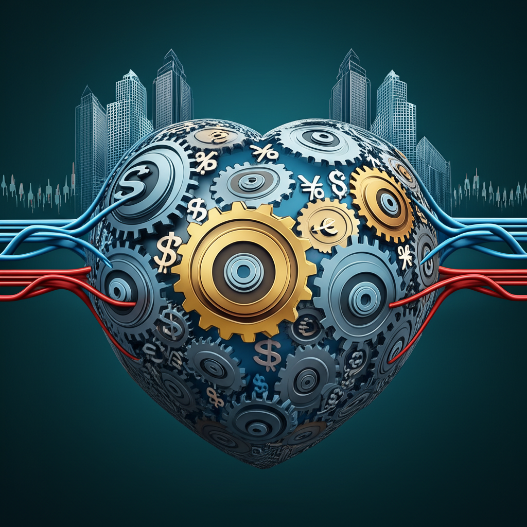 聯準會作為全球經濟心臟的插圖,象徵其透過利率決策影響市場與財富