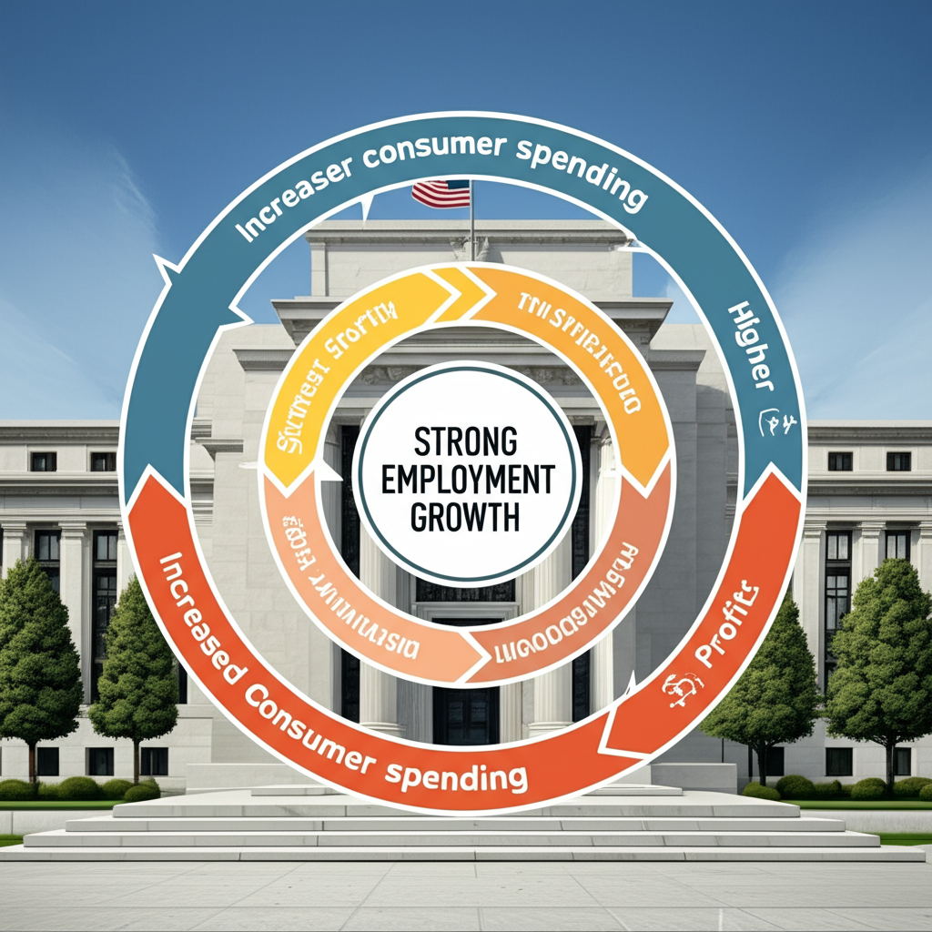 An illustration depicting the ripple effect of strong employment growth leading to increased consumer spending and business profits with a Federal Reserve building in the background symbolizing monetary policy decisions