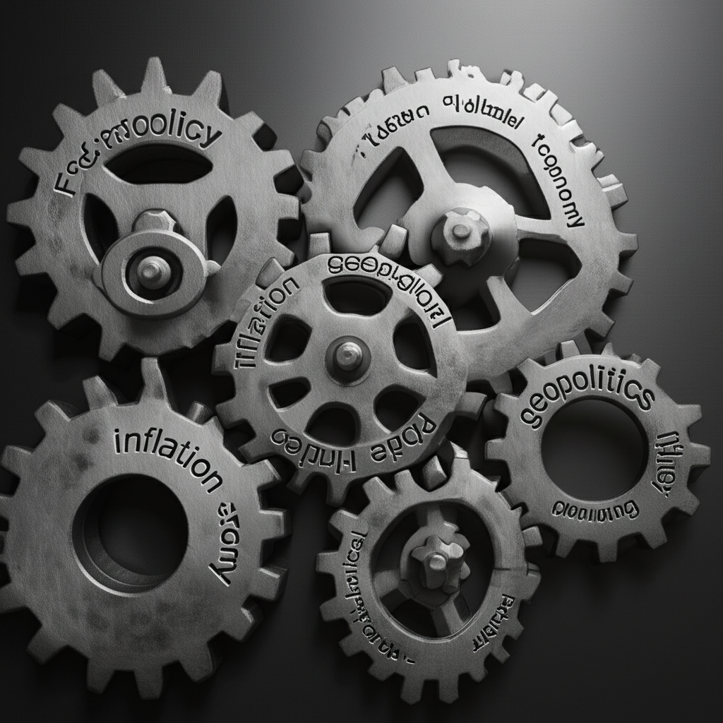 聯準會政策、通膨、全球經濟、地緣政治與技術分析五大因素互聯齒輪插圖