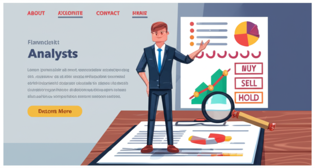 分析師辦公桌詳細插圖,包含圖表、放大鏡檢視公司基礎,以及提供買賣持評級的金融專家