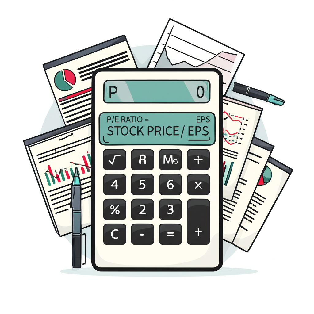 計算器顯示本益比公式的插圖，周圍環繞財務文件與圖表