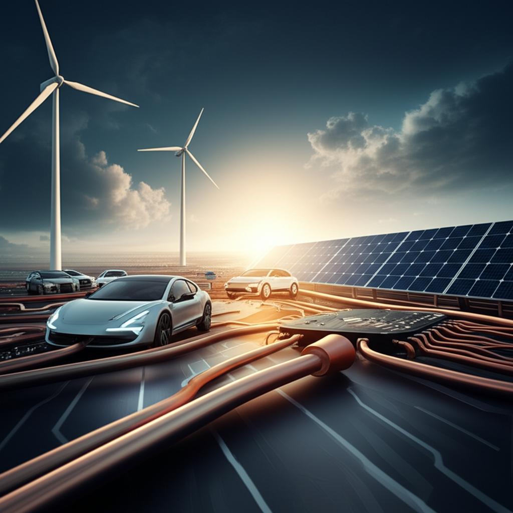 銅線連接全球產業，包括電動車、風力渦輪機、太陽能板和微晶片，象徵經濟活力與未來成長