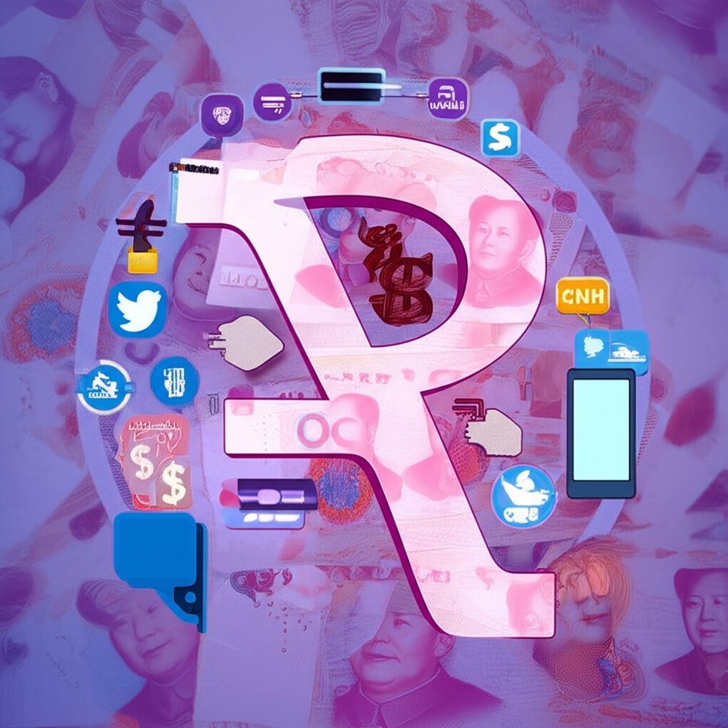 大型風格化RMB符號包圍較小的CNY和CNH符號，代表統一貨幣概念，伴隨中國鈔票和數位支付圖標