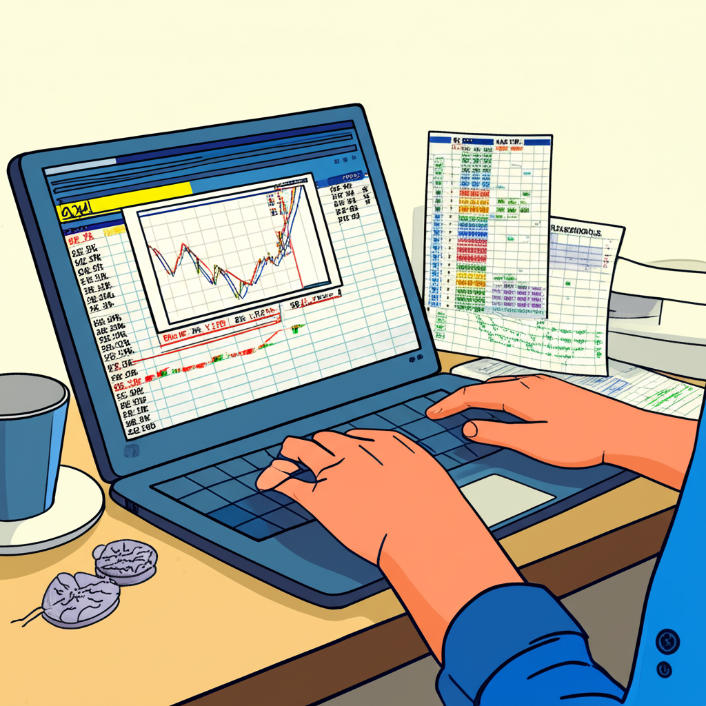 投資人透過筆電分析股價圖表與期權策略,特別聚焦看漲期權以從市場反彈中獲利