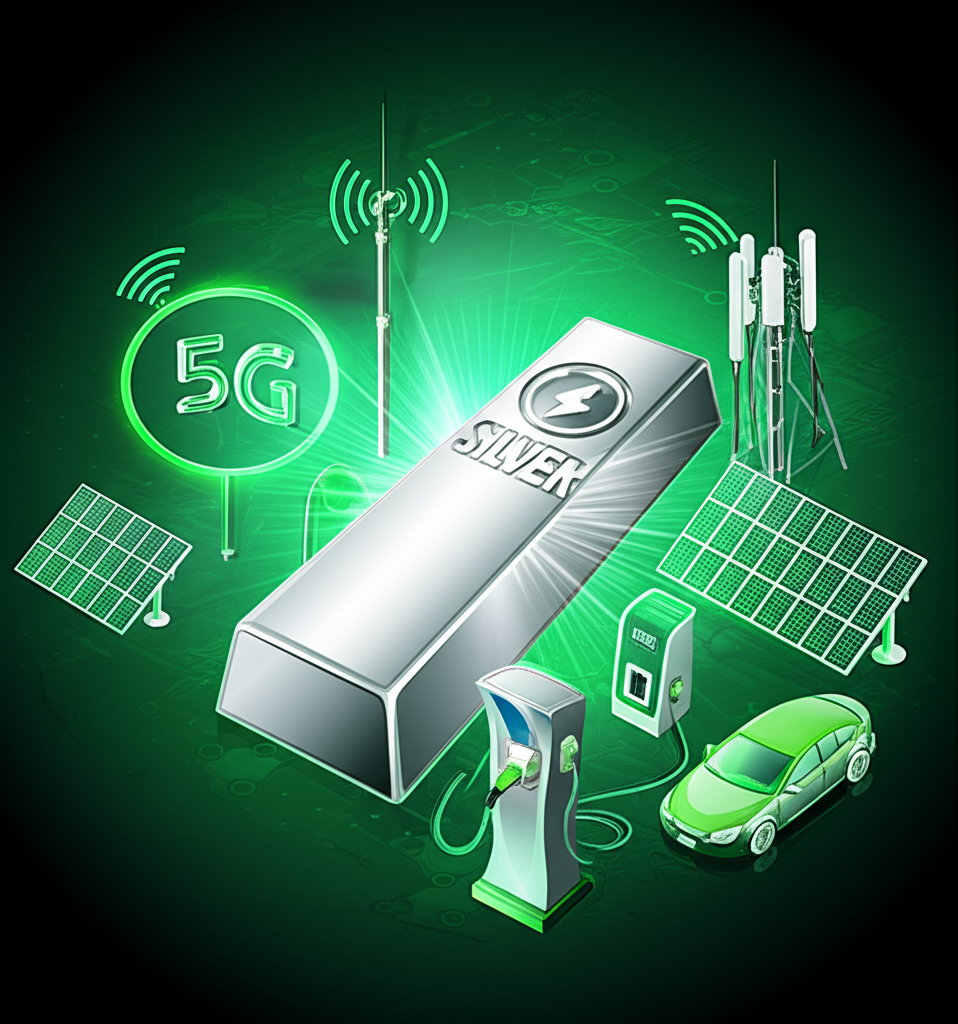 白銀作為2024年投資新星，周圍環繞太陽能板、電動車充電站與5G基站，象徵其在綠能與科技領域的關鍵角色