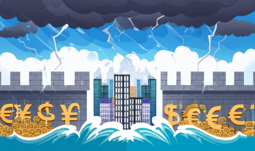 由外幣與金融符號構成的堅固經濟防壁,保護代表國家經濟的都市與產業免受外部風暴侵襲,象徵強大的支撐與保障