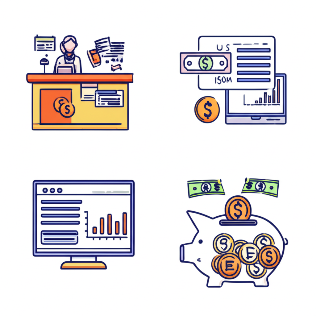 四個不同面板展示兌換美元的方法,例如銀行櫃檯、電腦畫面、提款機,以及儲蓄豬仔銀行象徵外幣儲蓄