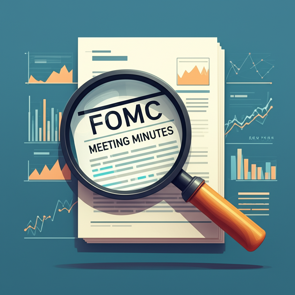 放大鏡懸浮在標記 FOMC 會議紀要的文件上，背景有圖表與經濟數據，代表投資者策略的詳細文件分析插圖