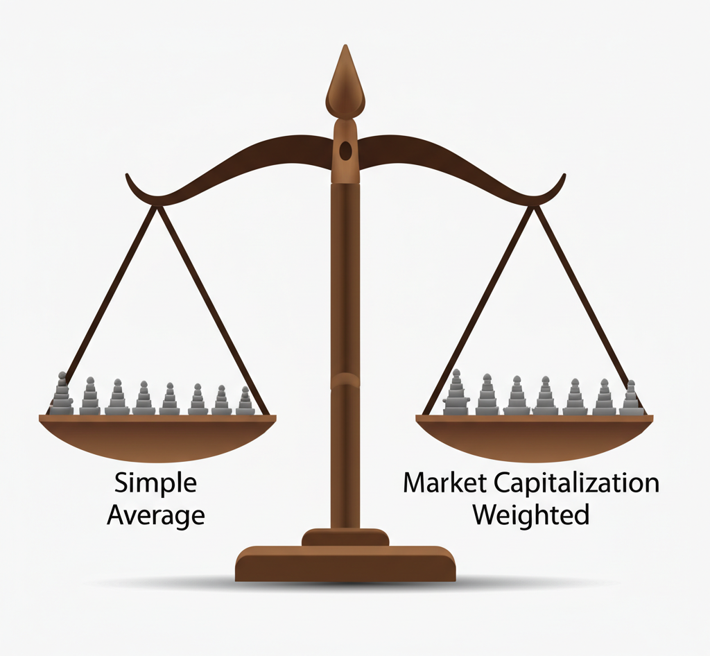 大盤指數市值加權計算原理示意圖,比較簡單平均與市值加權的差異,以及調整機制的齒輪運作
