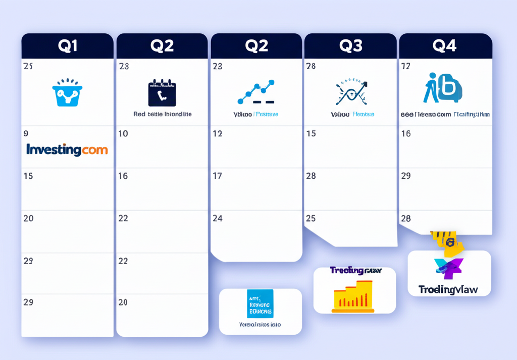 詳細財務行事曆插圖,標記Q1 Q2 Q3 Q4特定日期,伴隨Investing.com、Yahoo Finance和TradingView圖標,代表即時數據
