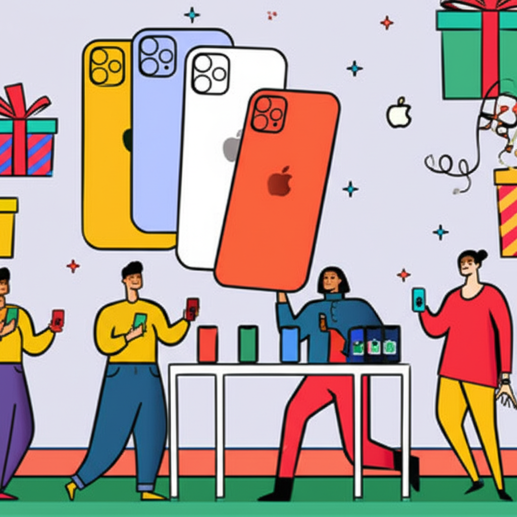 節慶購物場景插圖,人們熱情購買iPhone,象徵蘋果樂觀的節慶季銷售預測與消費者興奮