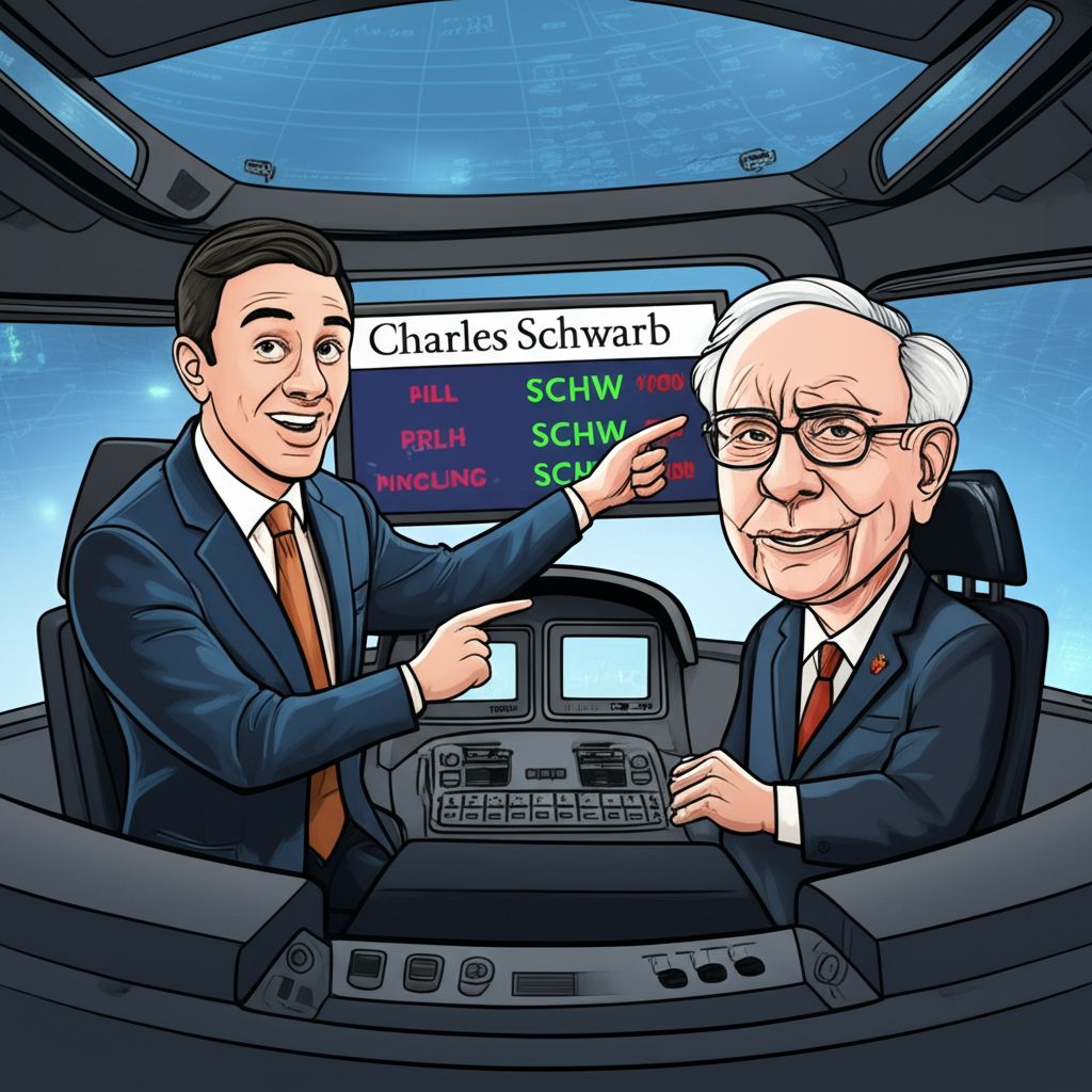 金融專家 Josh Brown 自信推薦 Charles Schwab SCHW 股票,華倫·巴菲特作為平穩副駕駛在現代金融駕駛艙的插圖,象徵穩定的投資指引