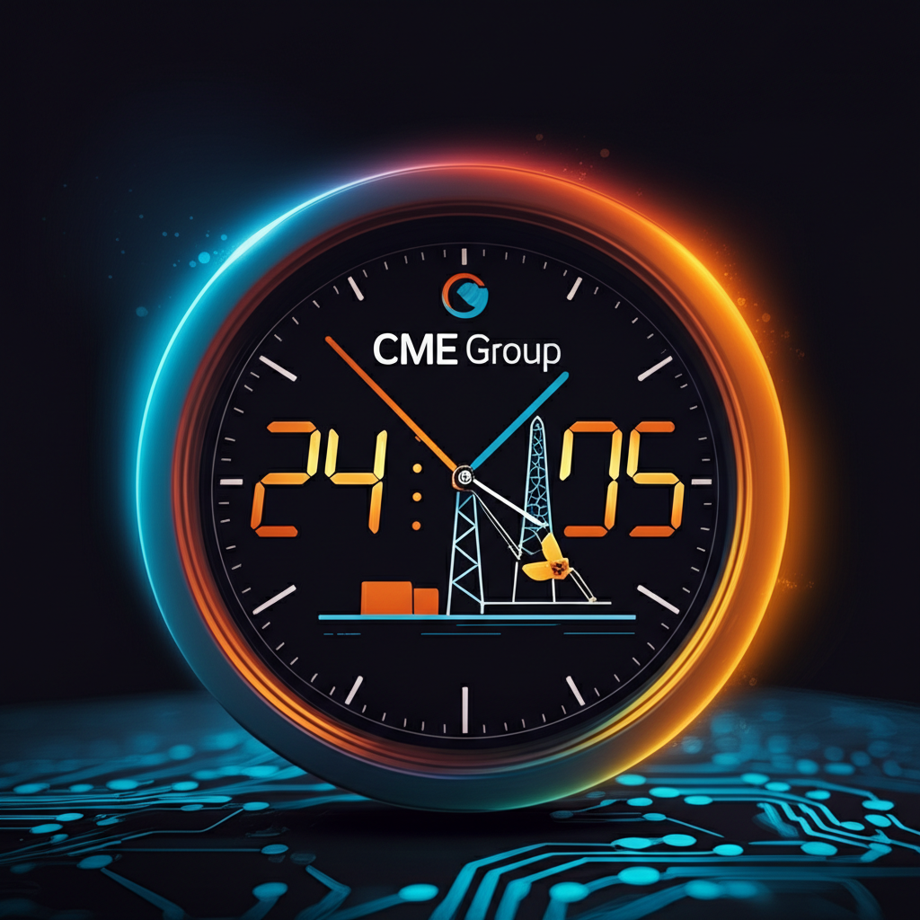 CME集團WTI輕原油期貨交易時段圖示,包含油井與數位鐘