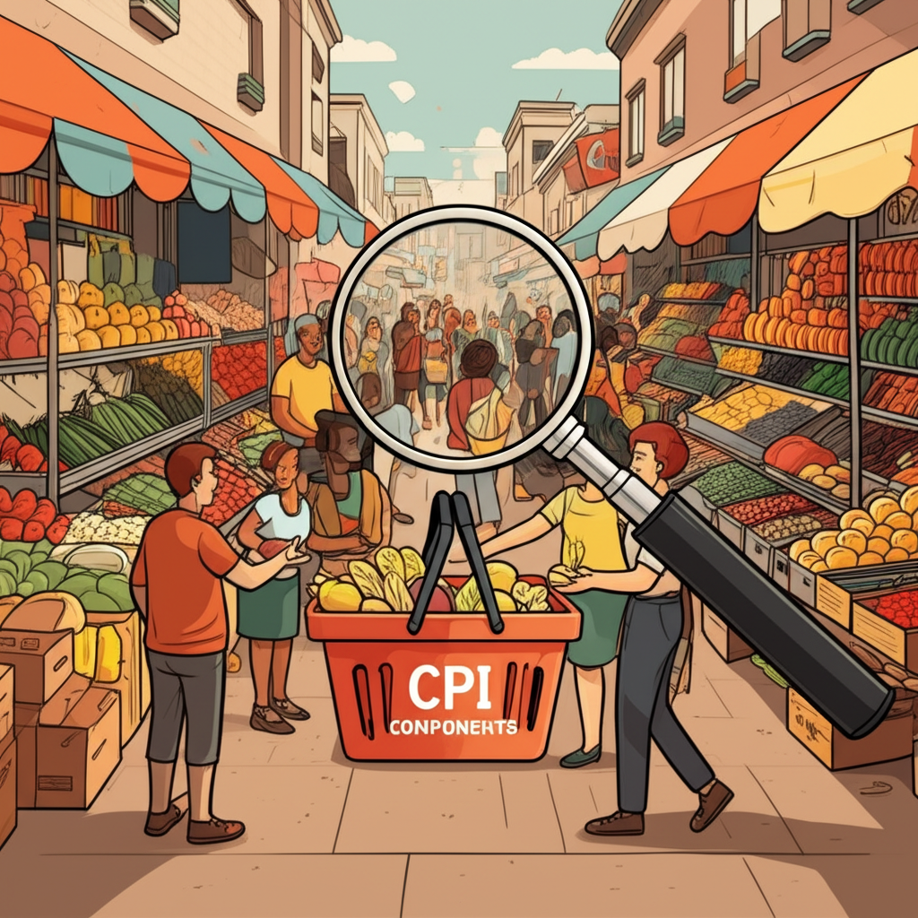 一群多元族群在熱鬧市場中經歷日常價格變化,巨大放大鏡懸浮在標示CPI組成的購物籃上