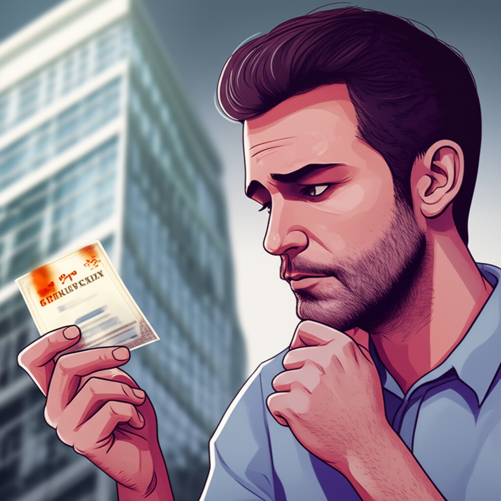 插圖:一人拿著下市股票憑證,神情若有所思。憑證上的市場符號已褪色,象徵流動性流失但並非價值歸零,背景為公司建築