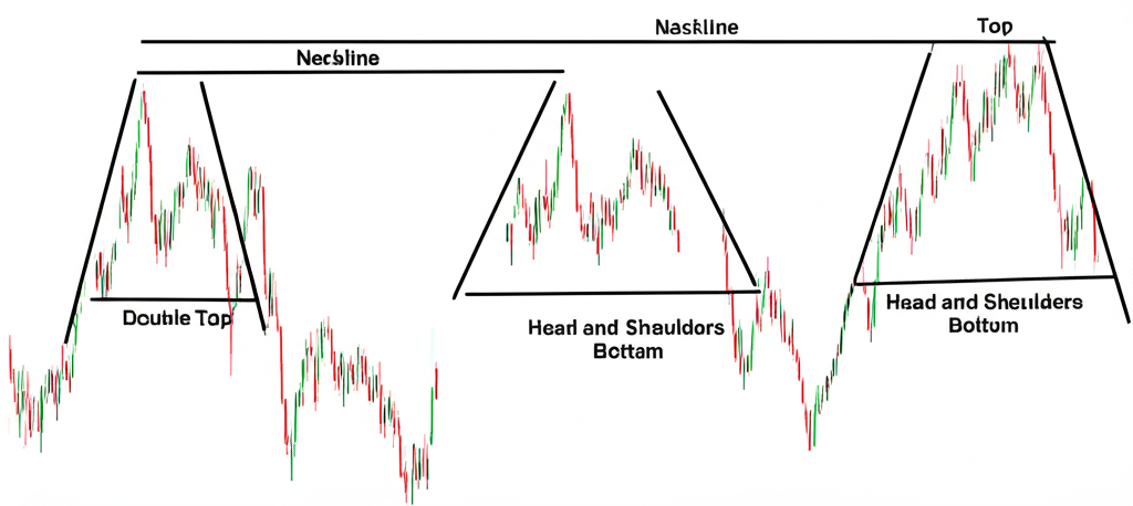 股票圖表上各種經典反轉形態插圖,包括頭肩頂、頭肩底和雙重頂,各有清楚標記的頸線