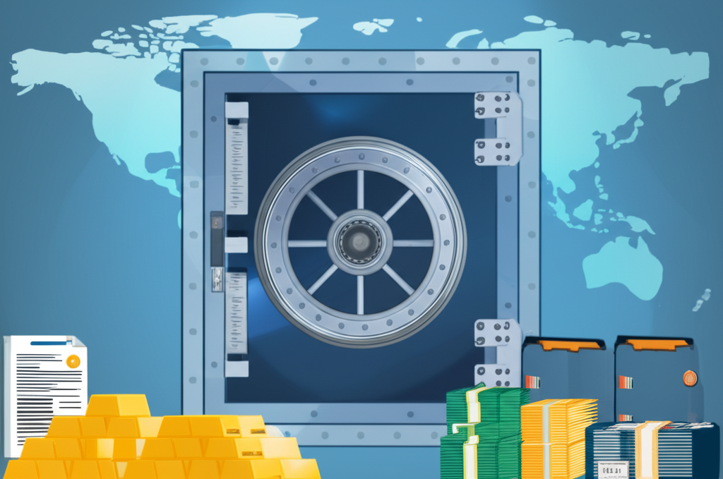 中央銀行金庫內存放外幣、黃金與金融文件的插圖,背景為世界地圖,象徵國家經濟穩定的儲備與信用保障