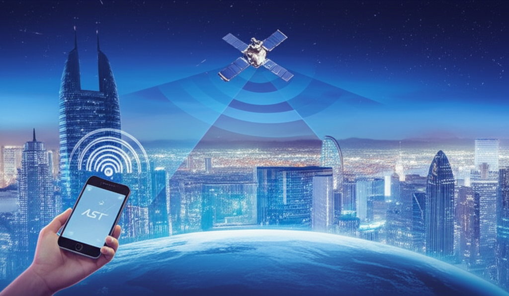 illustration of an AST SpaceMobile satellite transmitting signals directly to a standard smartphone on Earth with a futuristic cityscape in the background