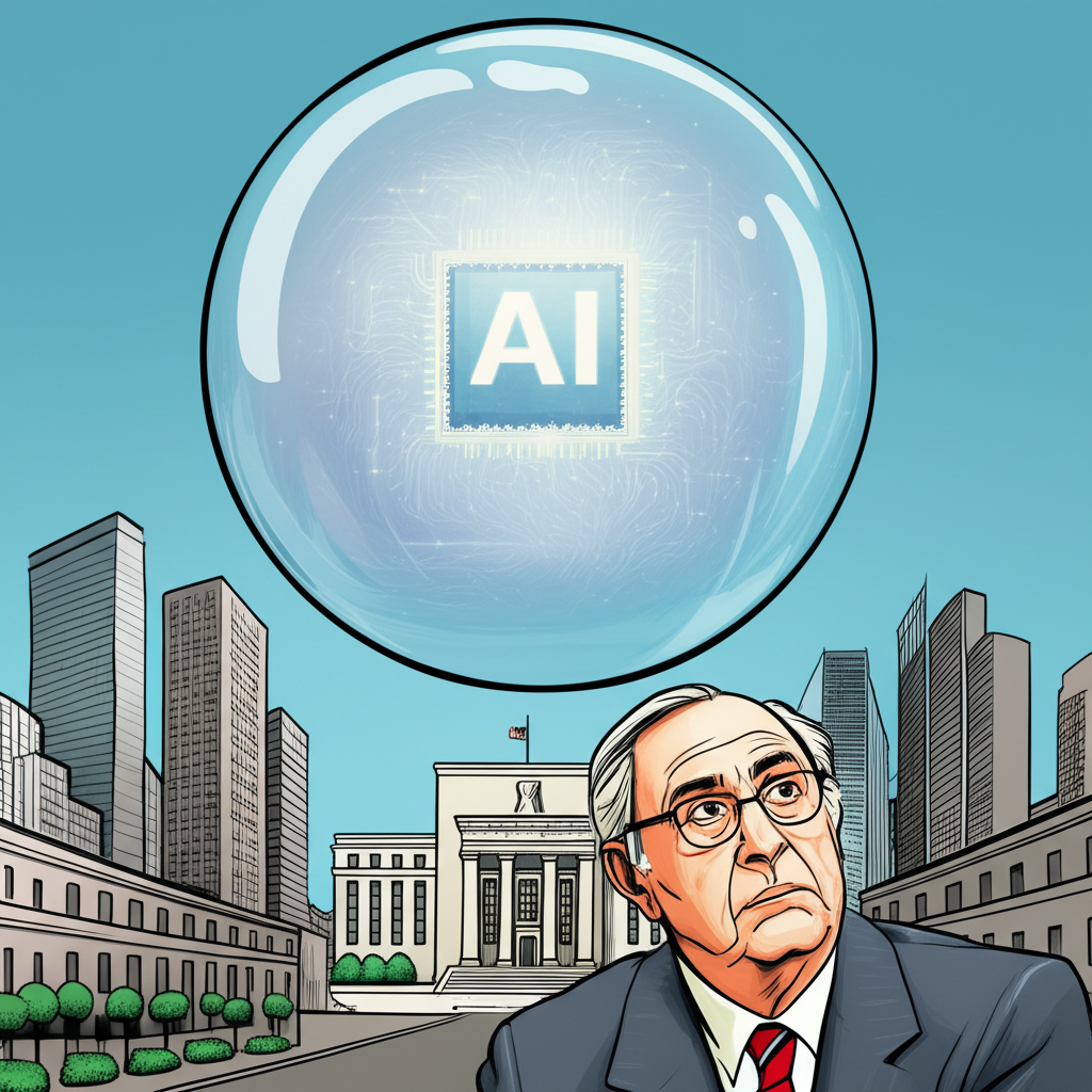 雷蒙德·達利歐注視懸浮於城市上空的巨型AI泡泡，背景為聯準會建築的警示插圖