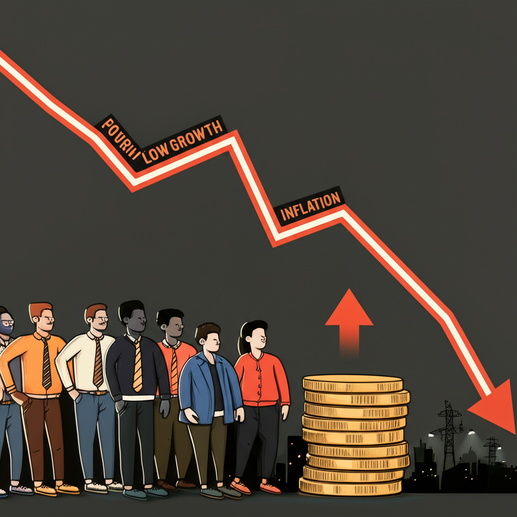南非經濟困境插圖,象徵低成長、高失業、通膨與電力中斷的掙扎經濟