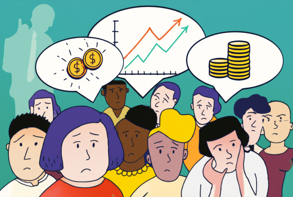 An illustration of a diverse group of people with concerned expressions holding thought bubbles about rising prices and economic challenges while a silhouette of a leader stands in the background