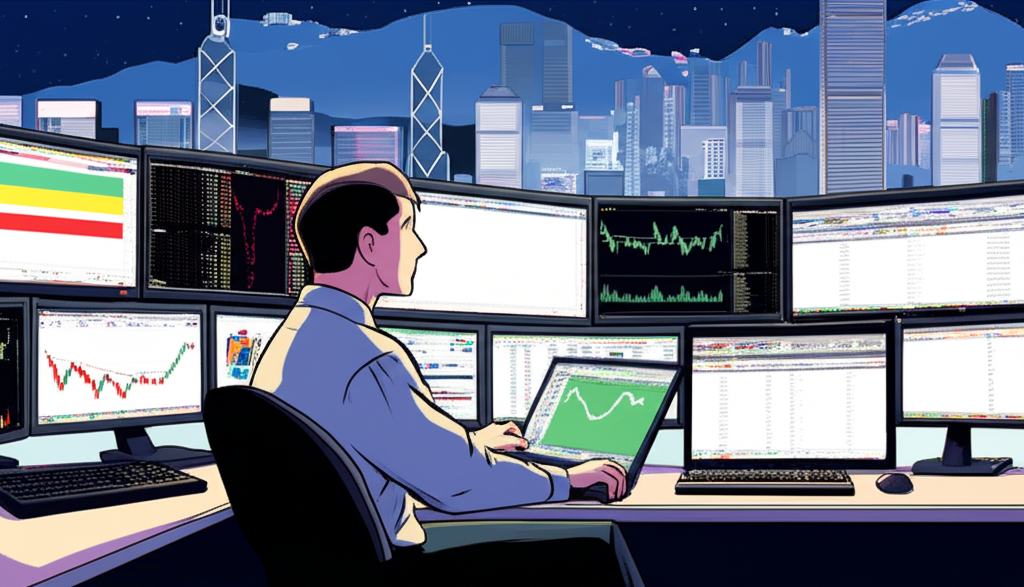 Trader with multiple screens Hong Kong illustration