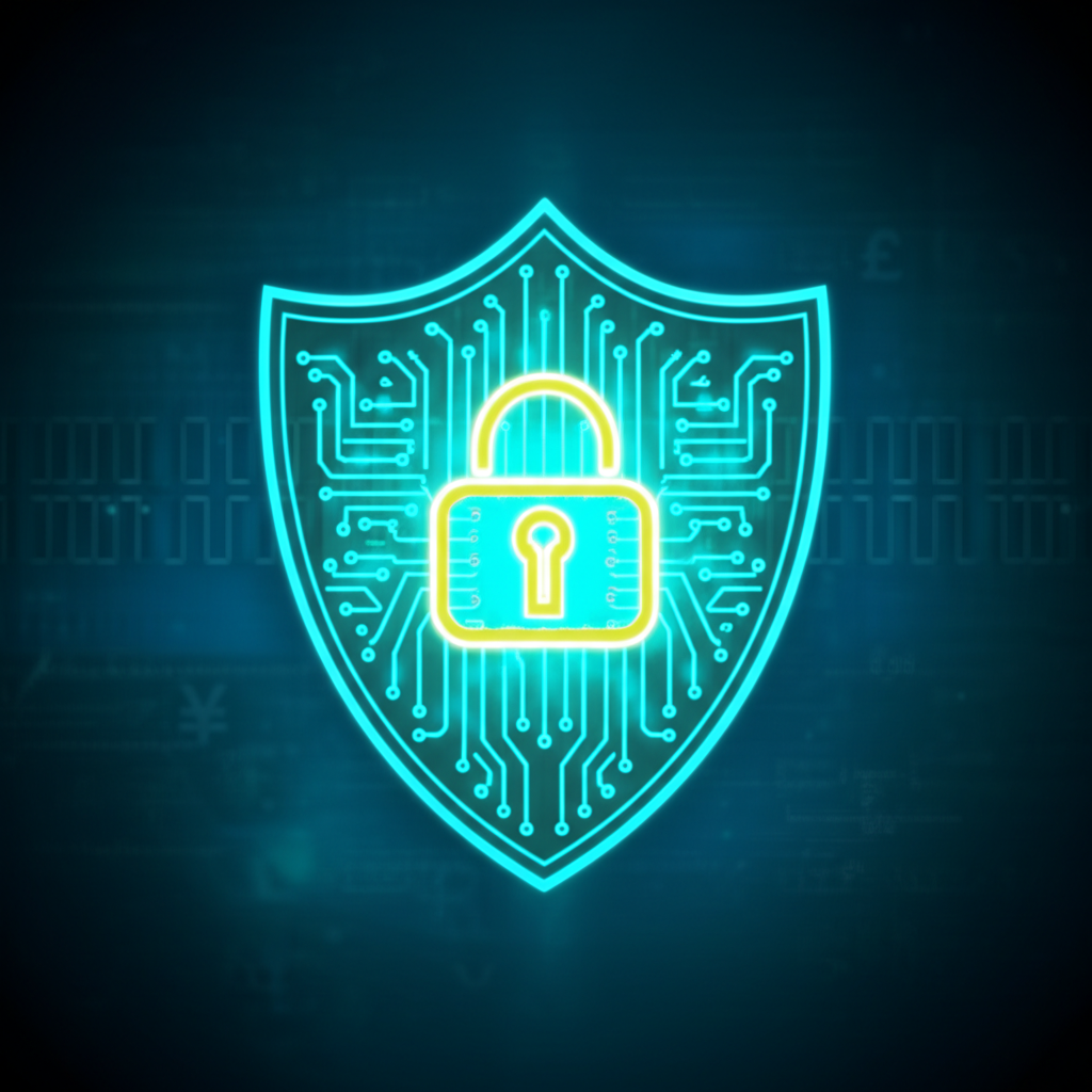 數位外匯安全防護盾:象徵交易安全的圖示,展示金鑰、加密鎖與全球金融網路連接