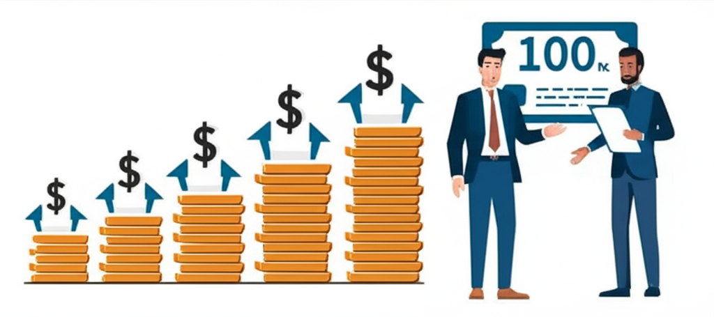 時間軸圖示,從10萬美元逐步成長至百萬美元,伴隨複利符號,以及一位自律投資者在財務顧問指導下穩步前進