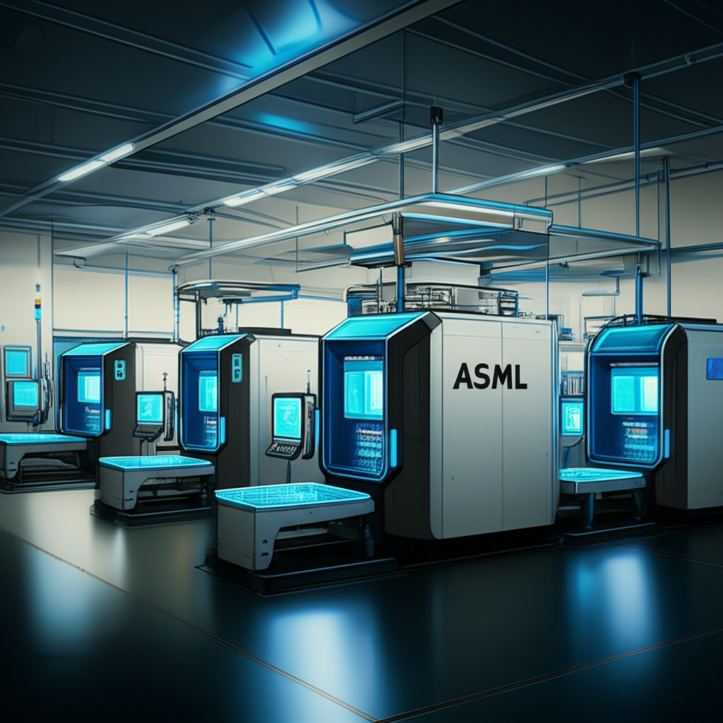 ASML工廠的插圖,展示EUV機器如未來裝置,象徵其在半導體設備製造中的主導地位,以及先進晶片生產的壟斷位置