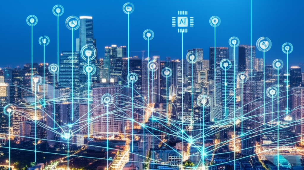 Futuristic city skyline with digital data streams and AI symbols representing global economic evolution and strategic investment trends