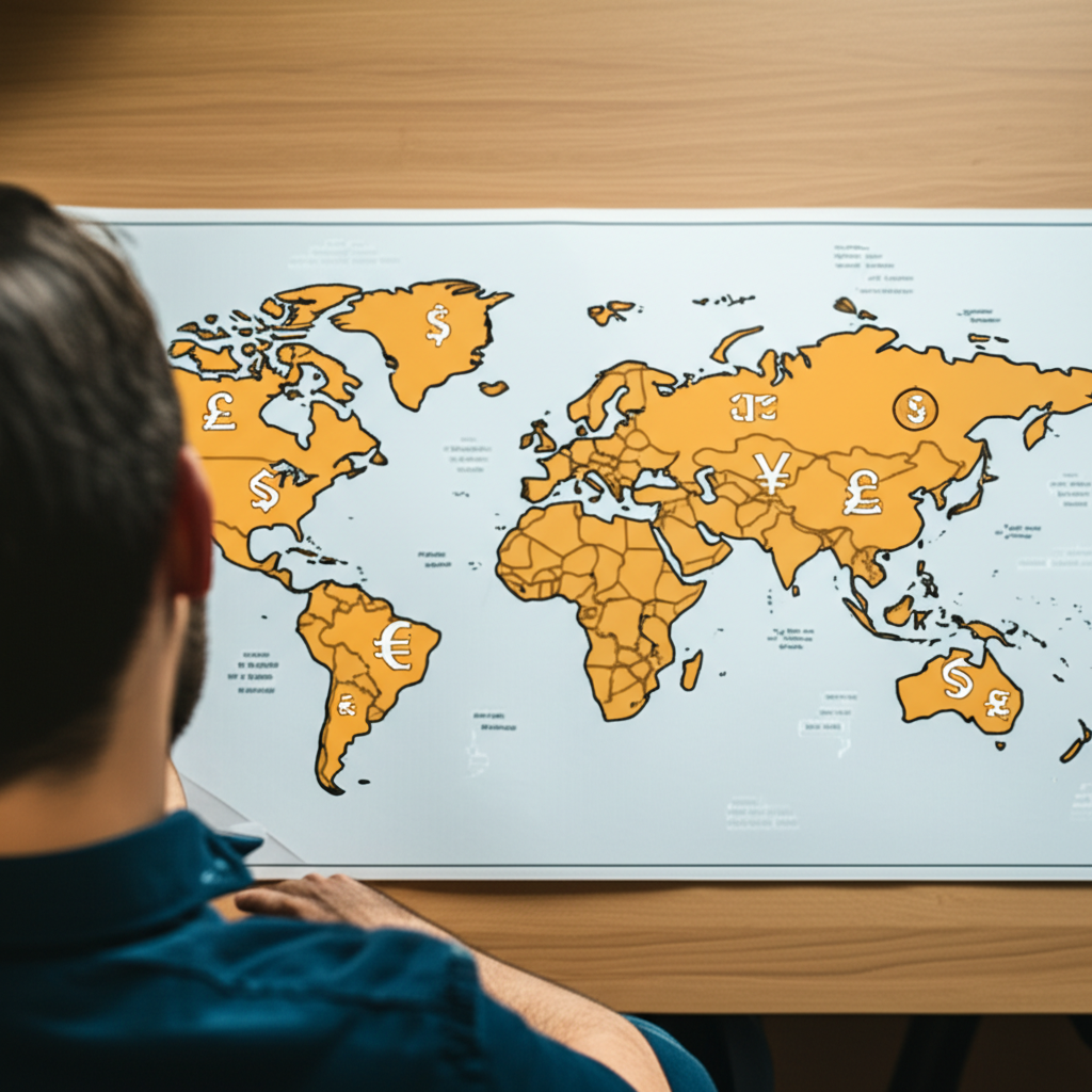 投資者觀察全球經濟地圖與貨幣符號的插圖,象徵金融決策與國際經濟