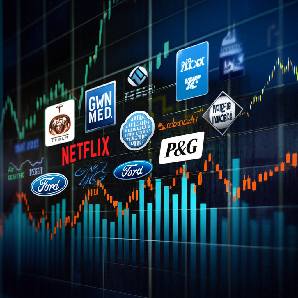 熱鬧的股市圖景,包含圖表與特斯拉、Netflix、通用汽車、福特及寶潔等公司標誌,背景展現財務波動