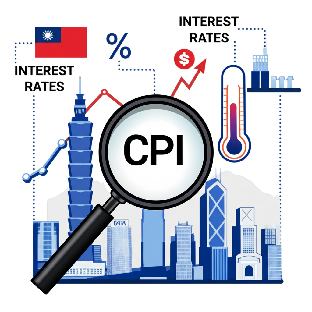 放大鏡檢視CPI圖表,連結通膨、利率及金融市場,包含台灣香港元素插圖