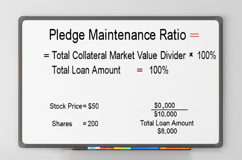 白板上顯示質押維持率公式等於總擔保市值除以總貸款金額乘以100%，附上範例數字包括股價和股數