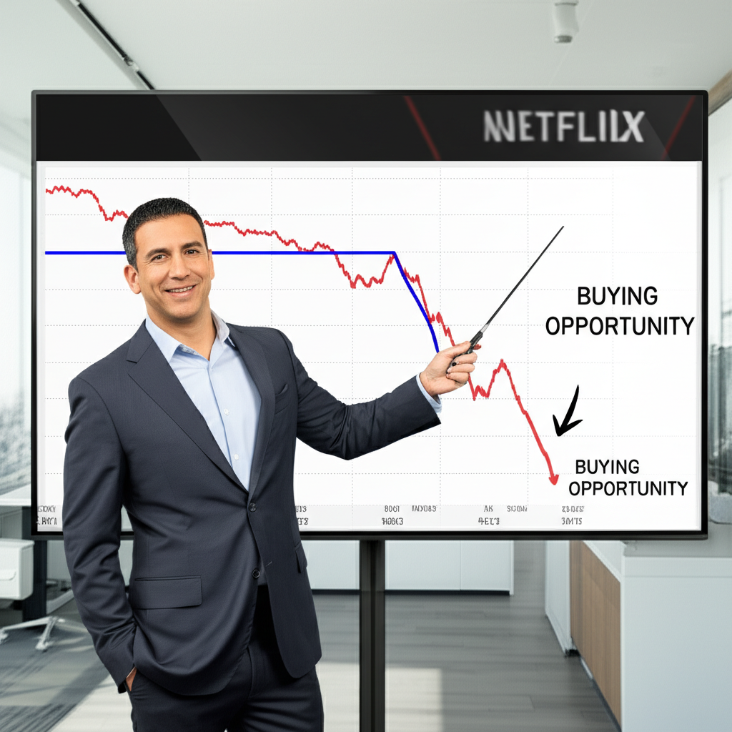 Josh Brown作為財務專家在專業環境中指向Netflix股價跌破200日移動平均線的圖表,強調這是策略性買入機會