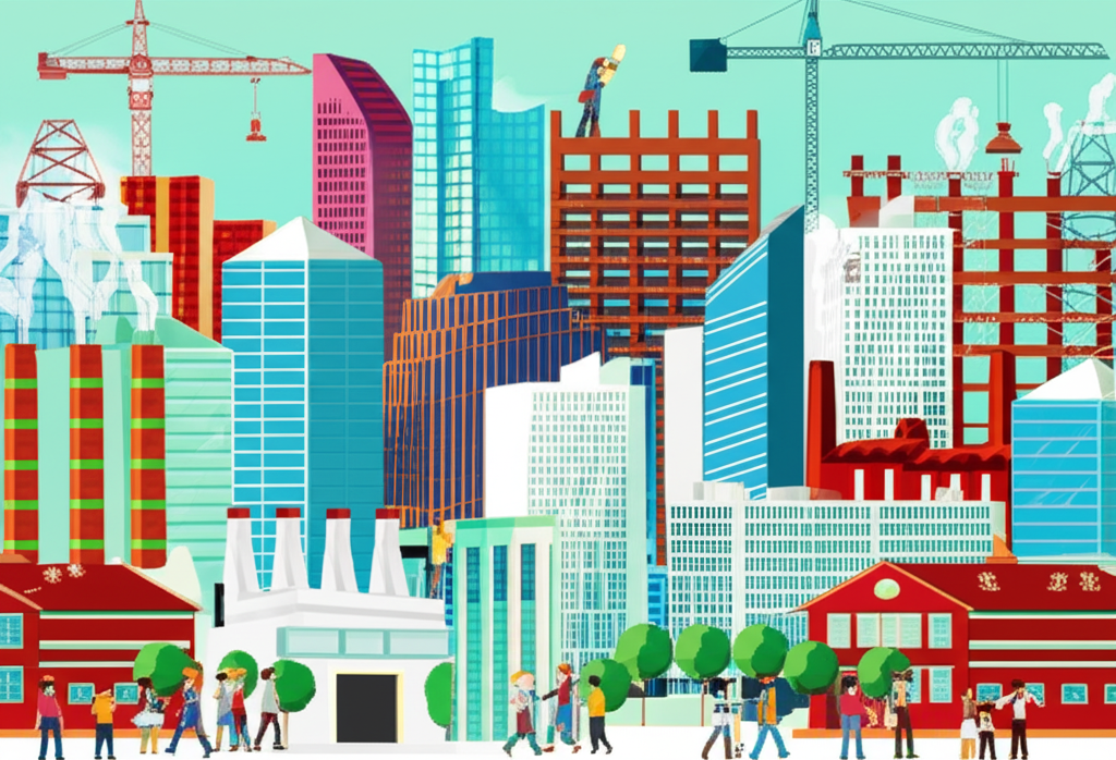 An illustration showing various non-farm sectors like factories offices construction sites and financial buildings with people working while distinct groups like farmers and government workers are subtly excluded