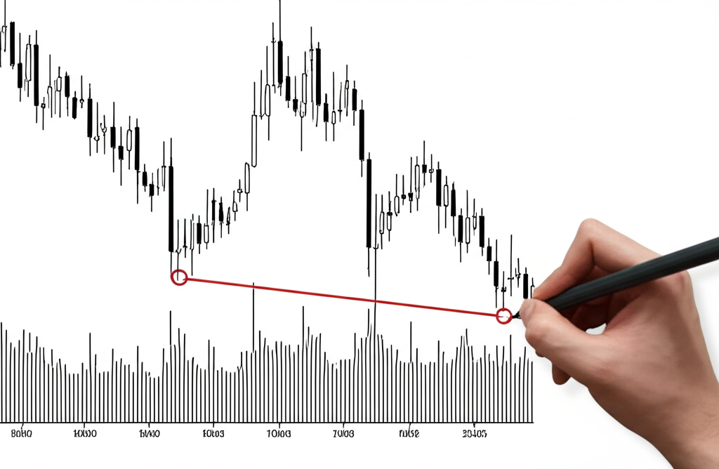 手繪K線圖上頸線連接兩個低點的頭肩形態插圖,底部顯示成交量柱,多點觸及確認