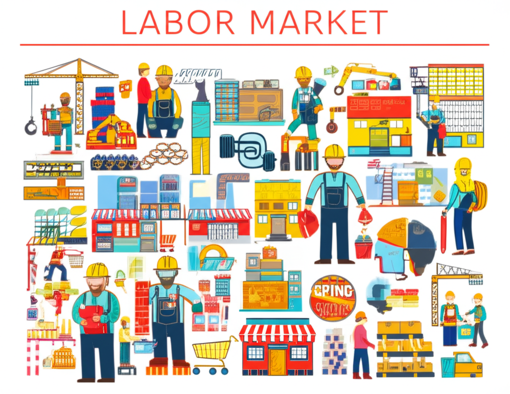An illustration of a bustling American labor market with diverse workers and businesses symbolizing economic health and consumer purchasing power